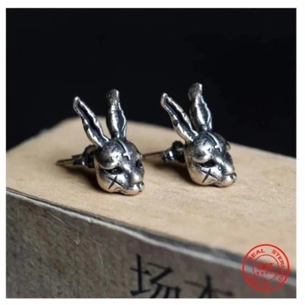 Single accent gothic style cross bunny stud earring S925 sterling silver retro